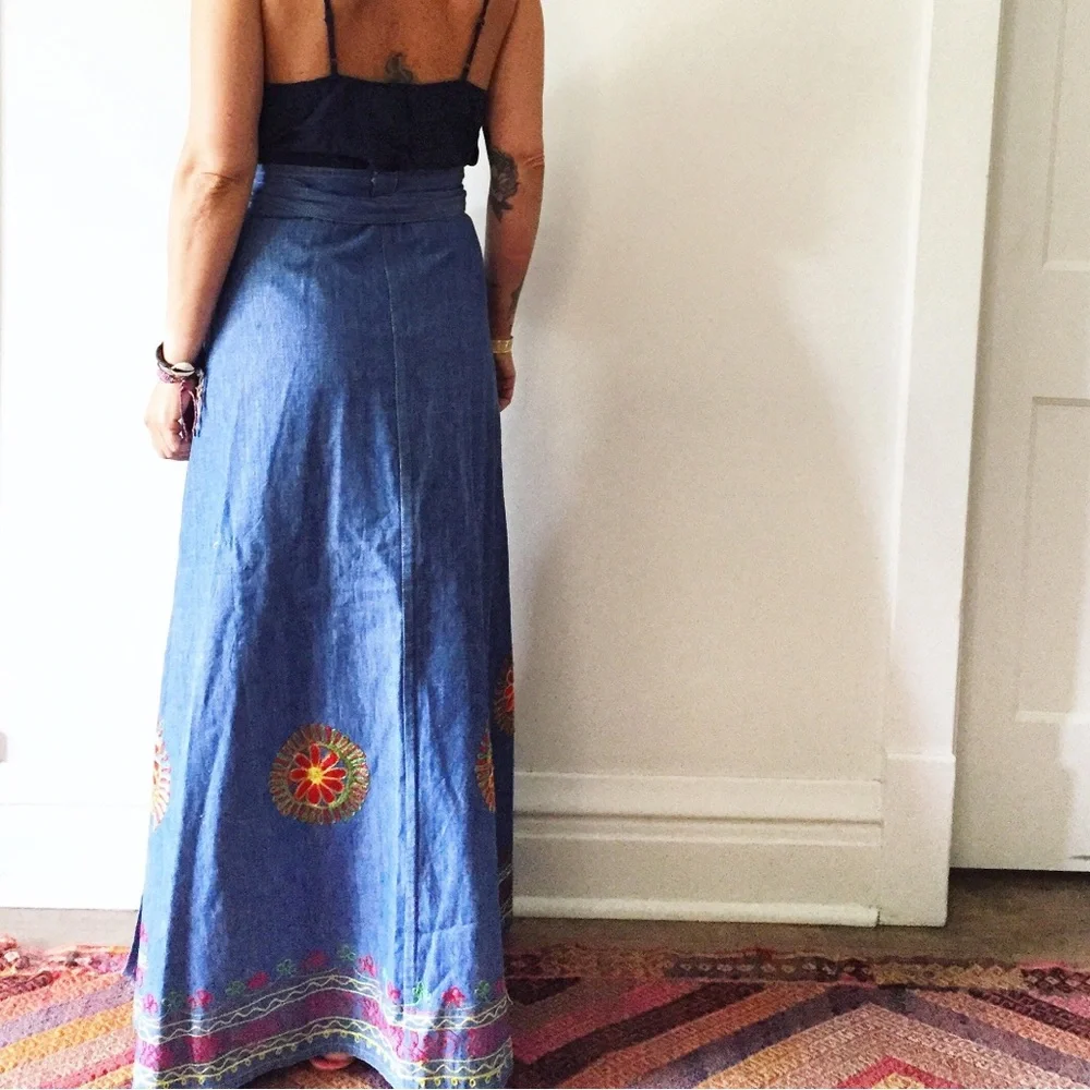 VINTAGE Embroidered Blue Denim Wrap  Boho Maxi Skirt‎ - Picture 15 of 16